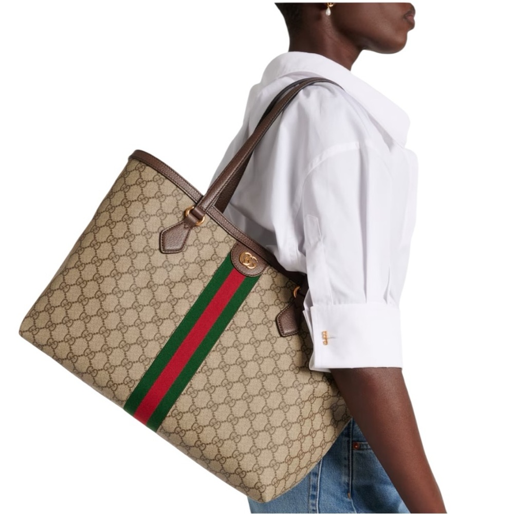 Gucci Ophidia GG Supreme Canvas Tote Bag Brown Green Red Stripe - Picture 5 of 16